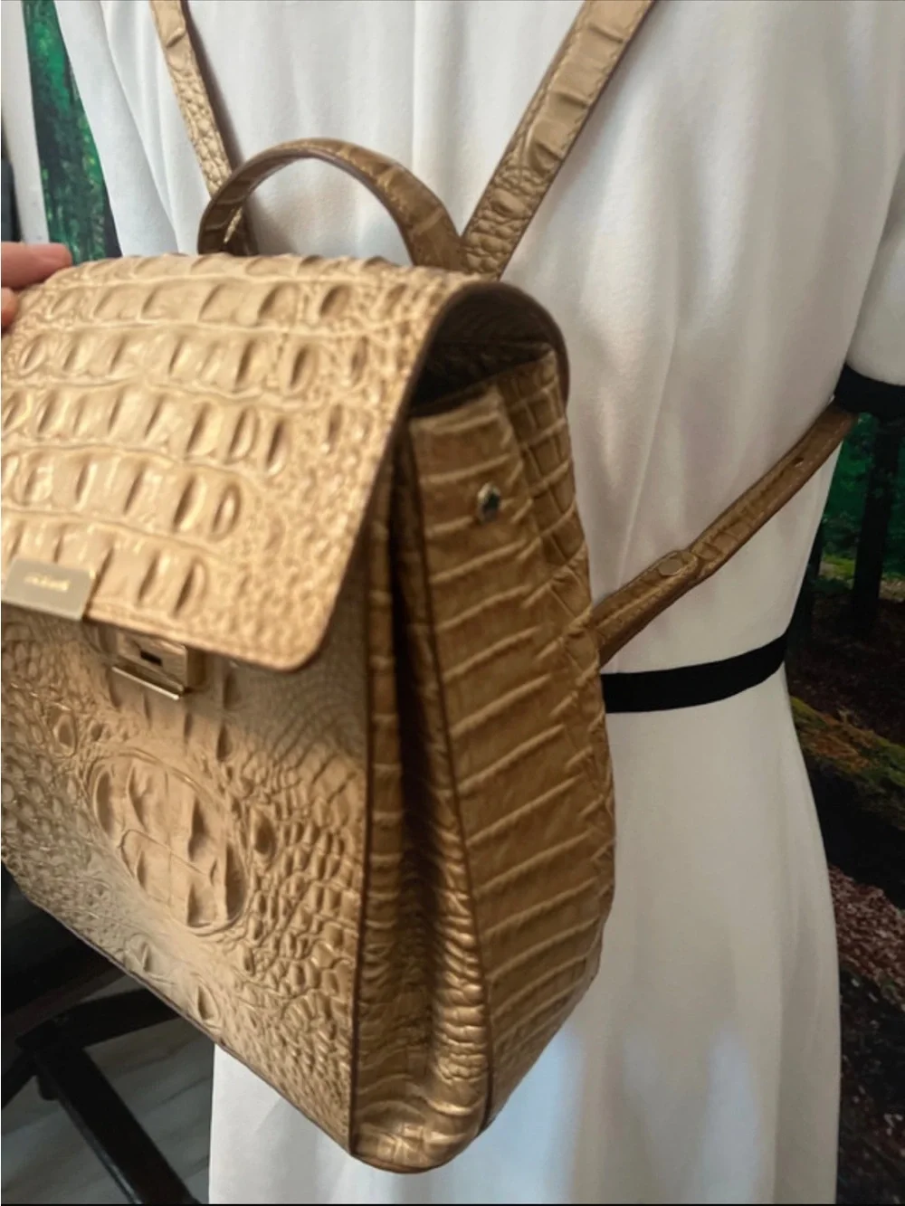 Brahmin Metallic Gold Croc-Embossed Backpack